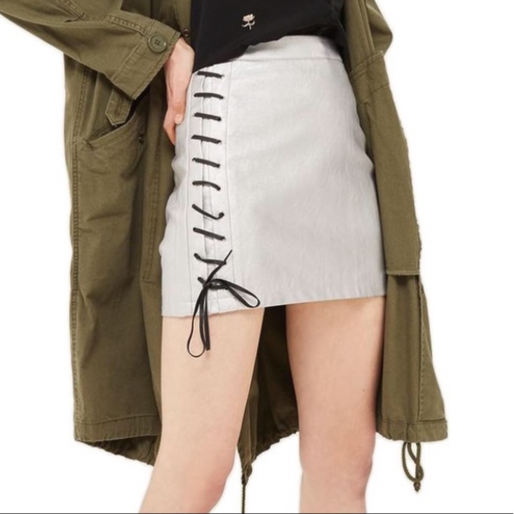 NWT TOPSHOP Silver Metallic Lace Up Mini Skirt